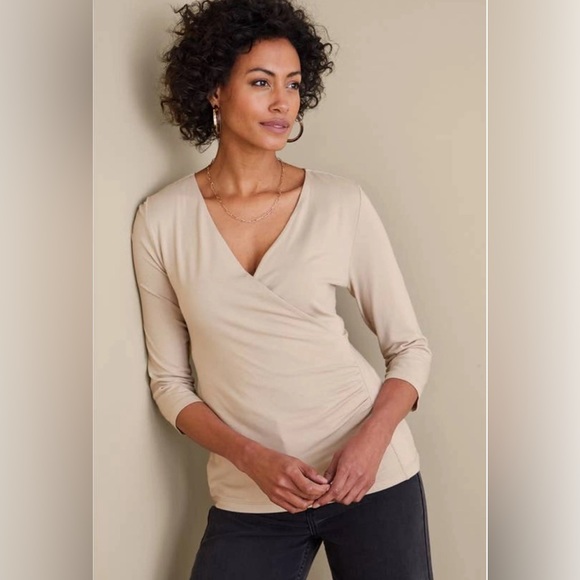 Soft Surrounding 3/4 Sleeve Alyssa Knit Faux Wrap Faded Taupe Top - Picture 1 of 8